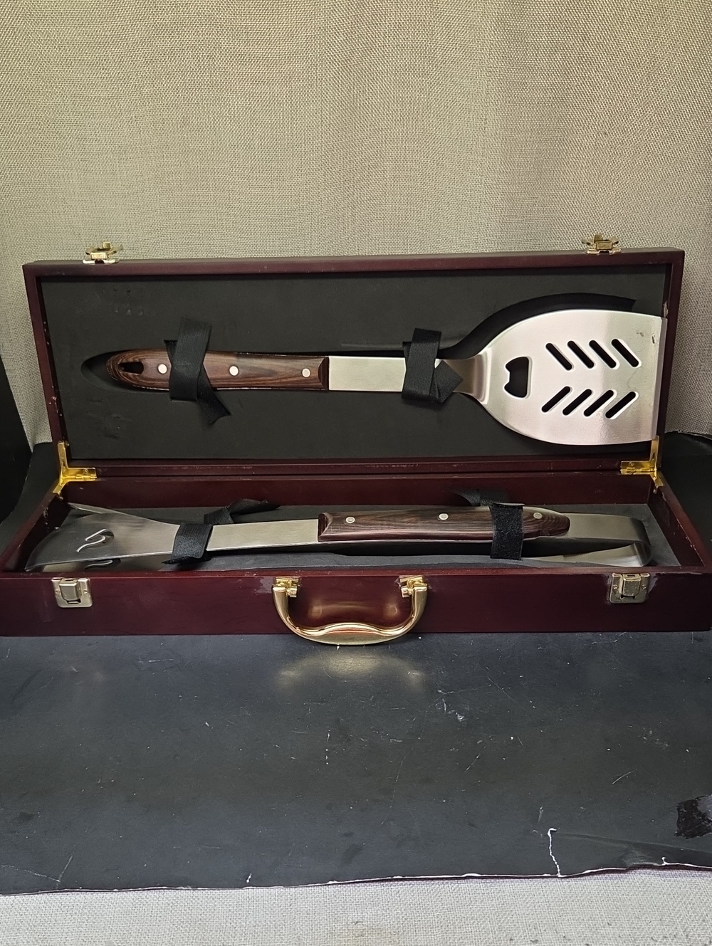 Private Client Gift - Stainless Steel BBQ Grill Tools Set In Wood Case